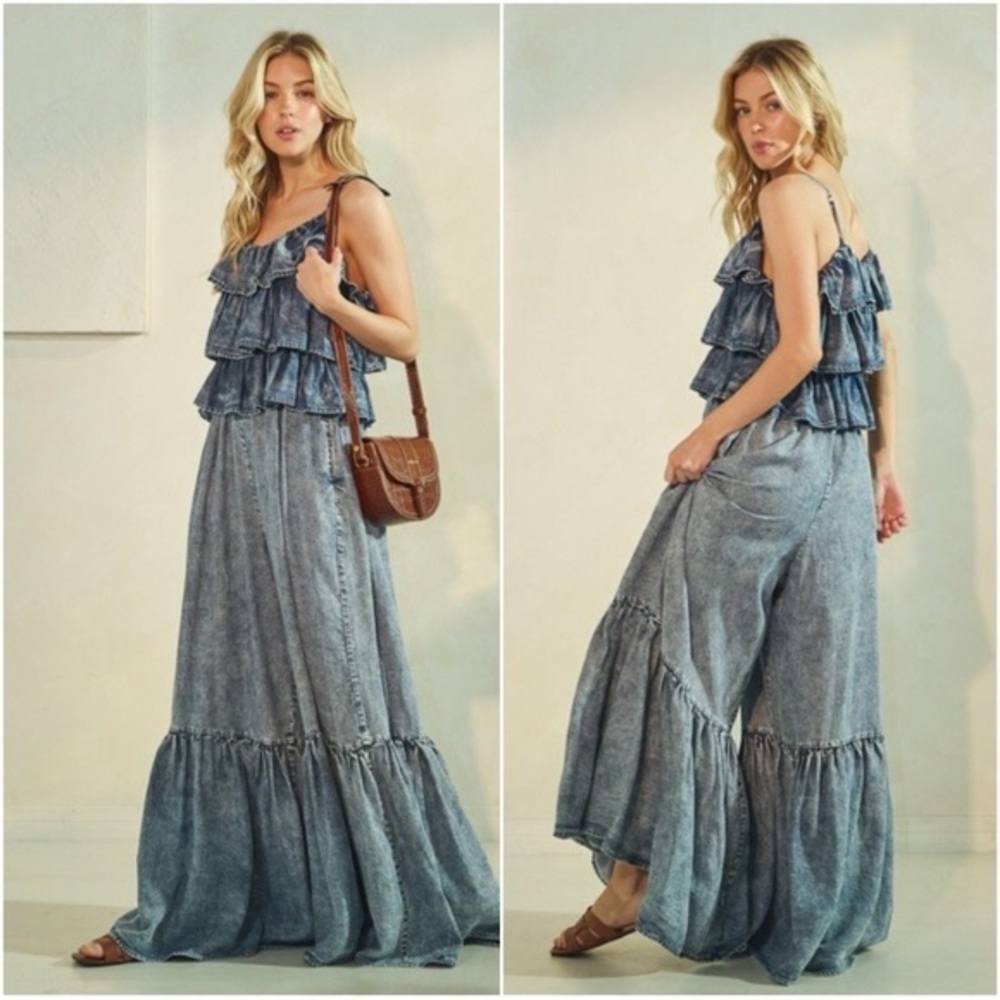 Oli & Hali Medium Wash Tencel Ruffle Detail Wide leg Jumpsuit - Picture 4 of 5
